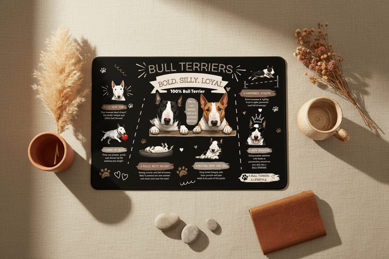 Bull Terrier Black Desk Mat Boho Lifestyle