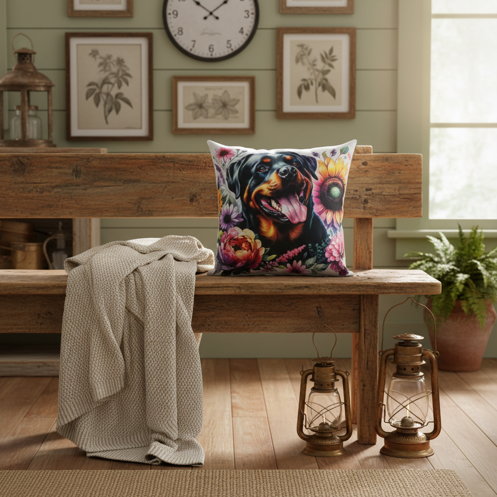 Multi Flower Rottweiler Scatter Pillow in rustic farmhouse setting