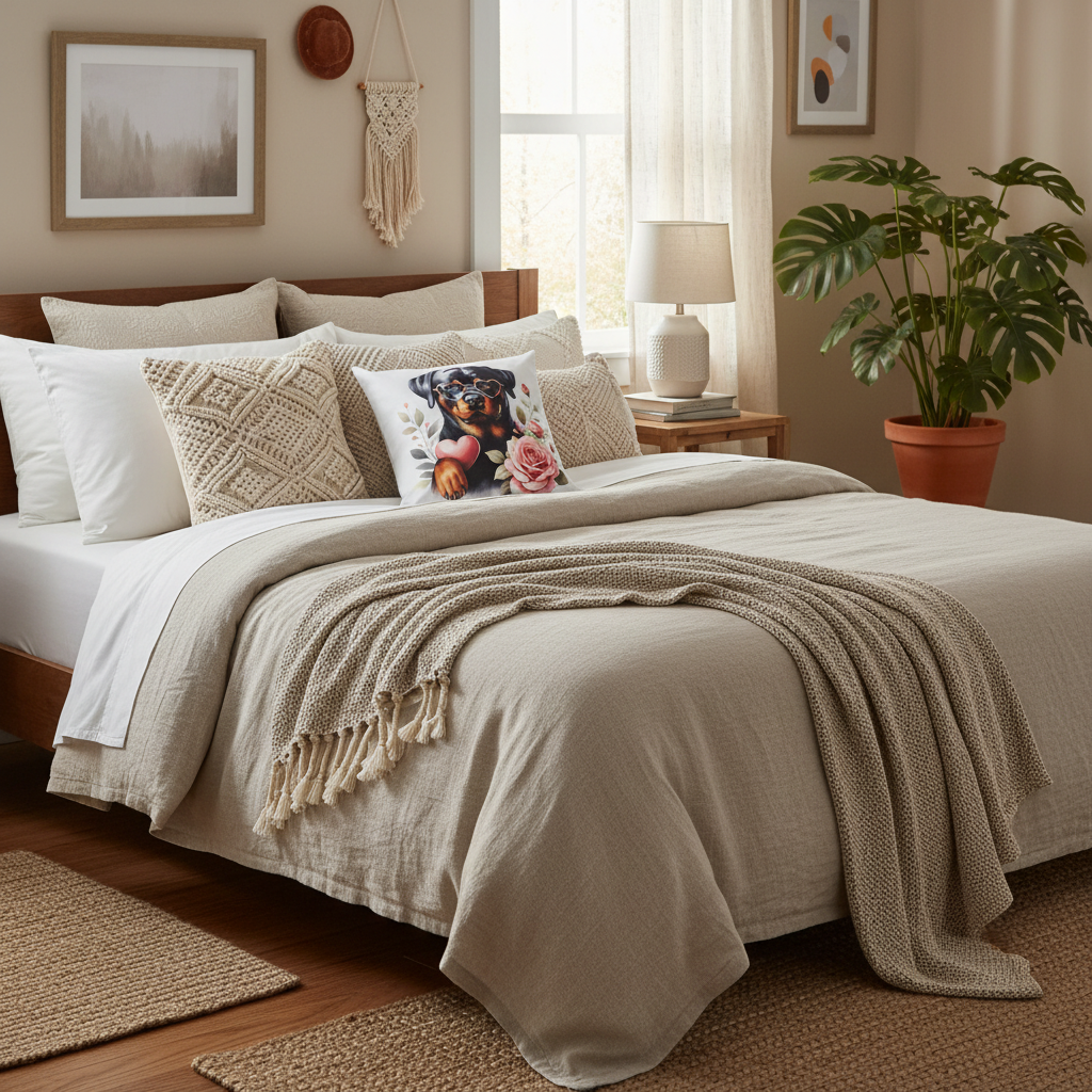 Rose Rottweiler Scatter Pillow in modern bedroom