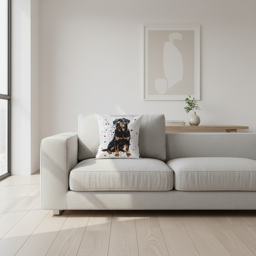 Love Rottweiler Scatter Pillow on modern sofa
