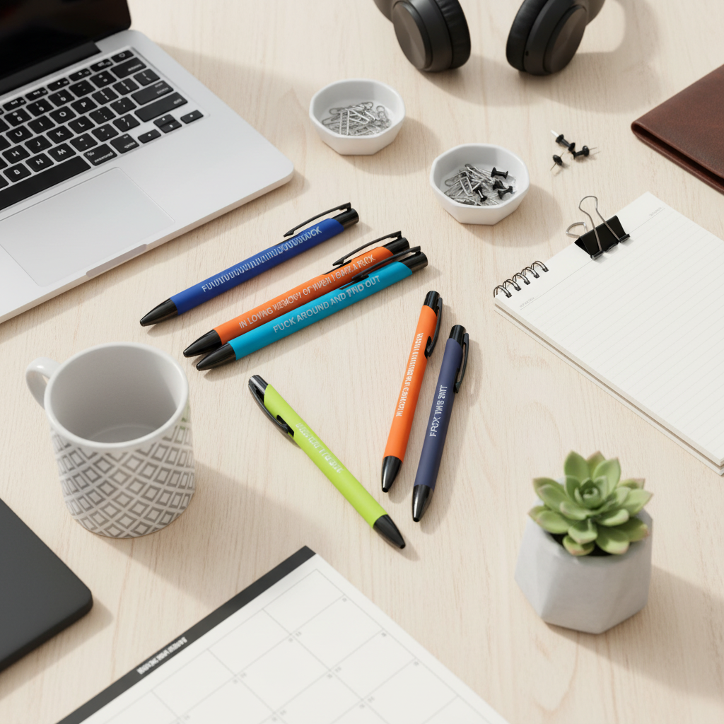 Pens creative flat lay with office supplies