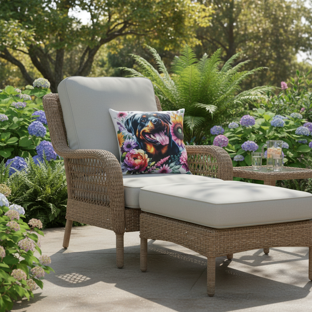 Multi Flower Rottweiler Scatter Pillow on outdoor patio