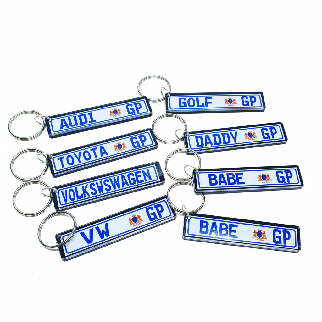 Close-up detail of GP numberplate keyring showing quality and design