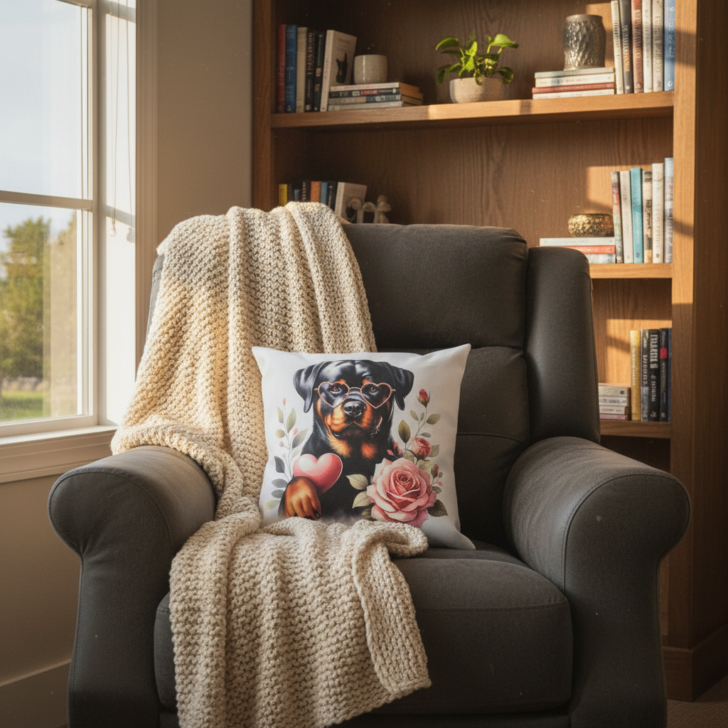 Rose Rottweiler Scatter Pillow in cozy reading nook
