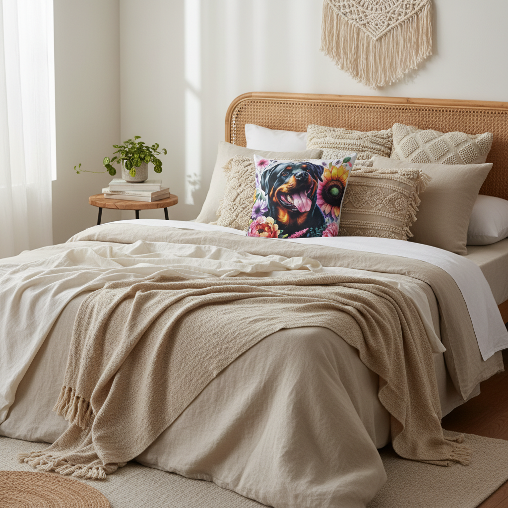 Multi Flower Rottweiler Scatter Pillow in modern bedroom