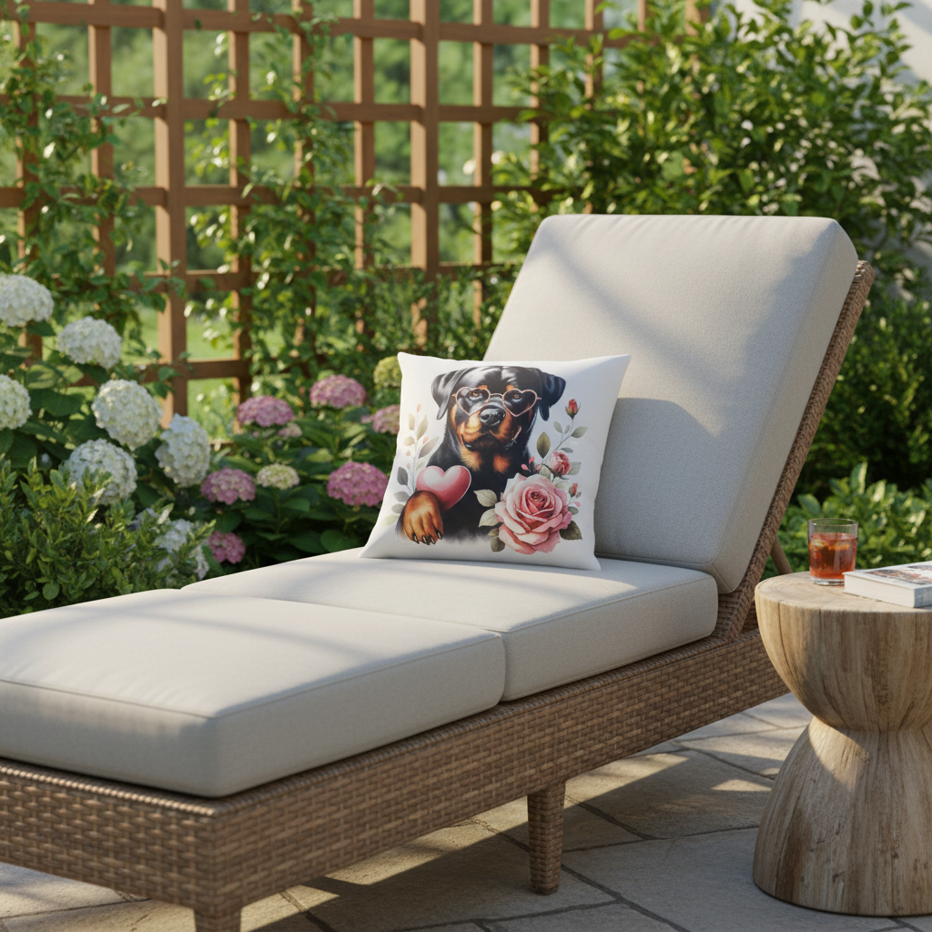 Rose Rottweiler Scatter Pillow on outdoor patio