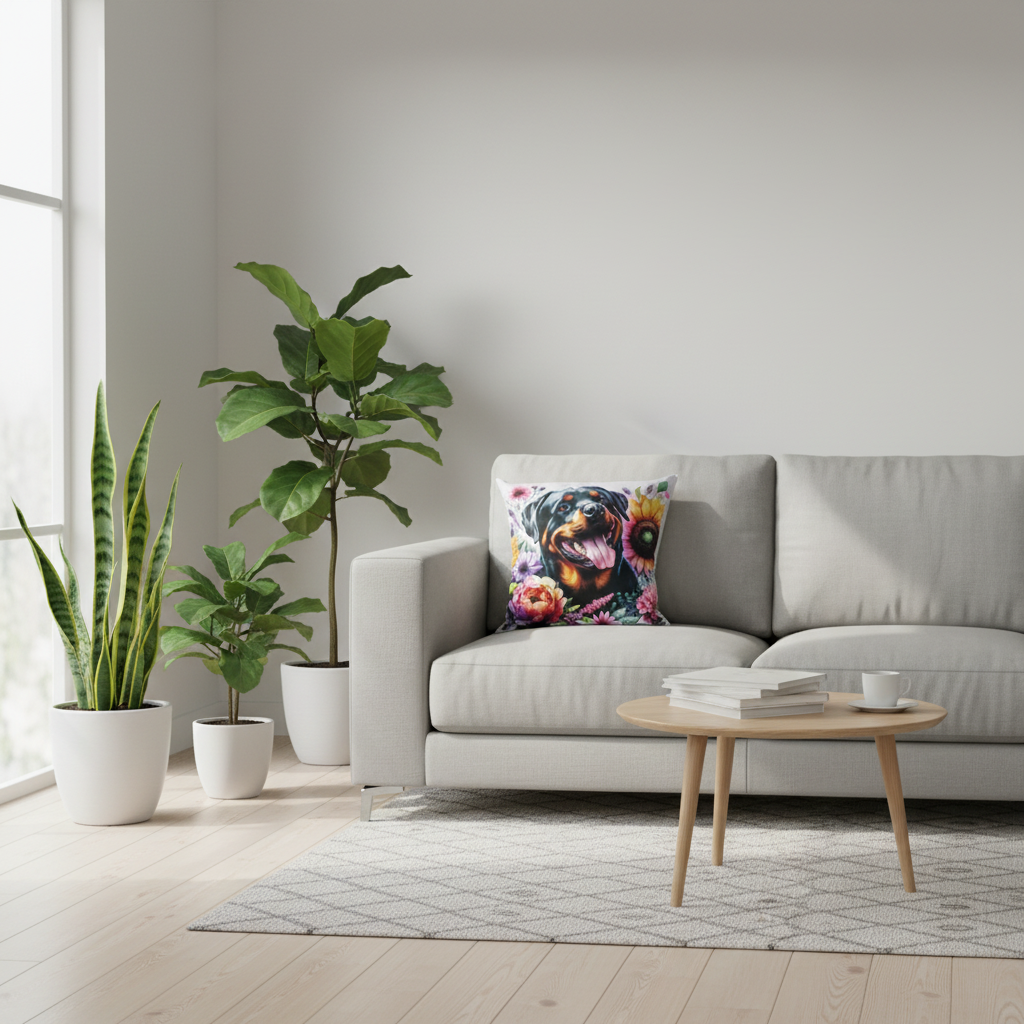 Multi Flower Rottweiler Scatter Pillow in Scandinavian living room