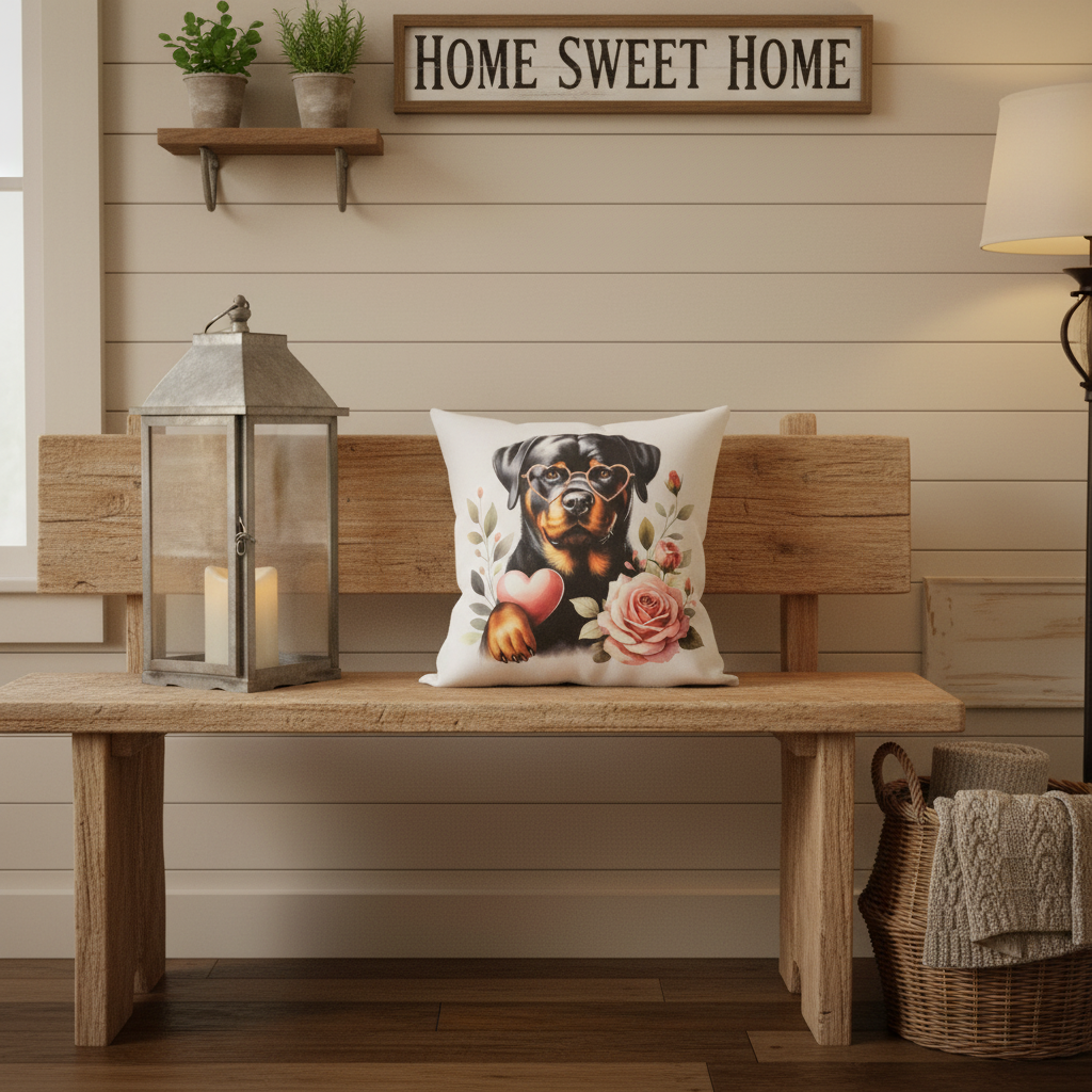 Rose Rottweiler Scatter Pillow in rustic farmhouse setting