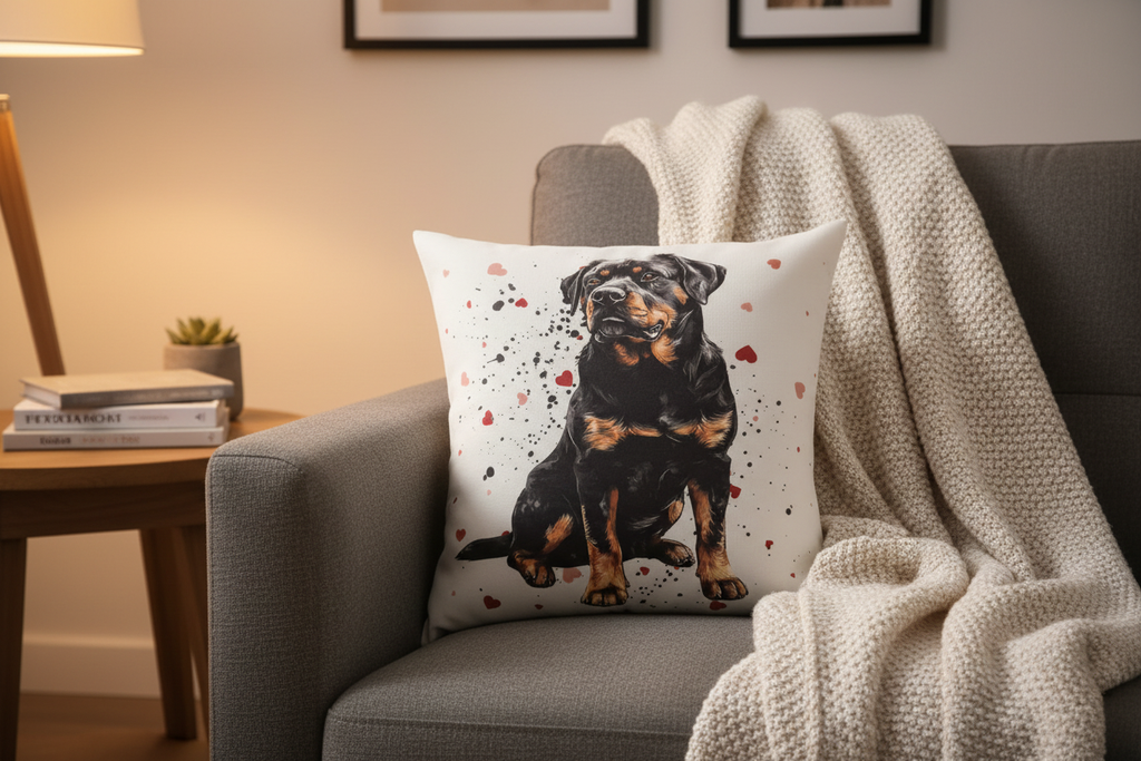 Love Rottweiler Scatter Pillow in cozy home setting