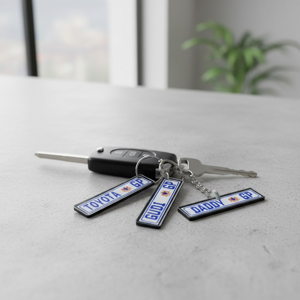 GP numberplate keyring attached to car keys lifestyle shot