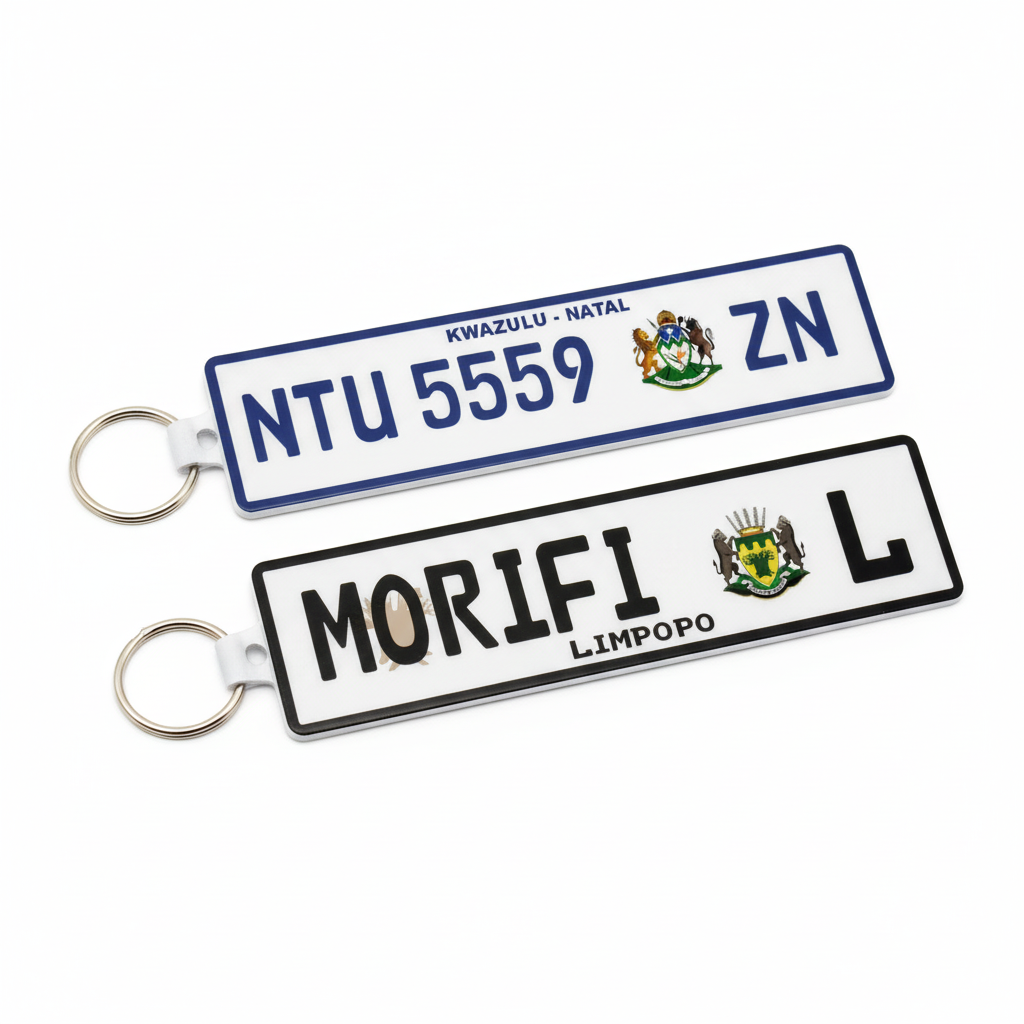 Close-up detail of province numberplate keyring showing quality
